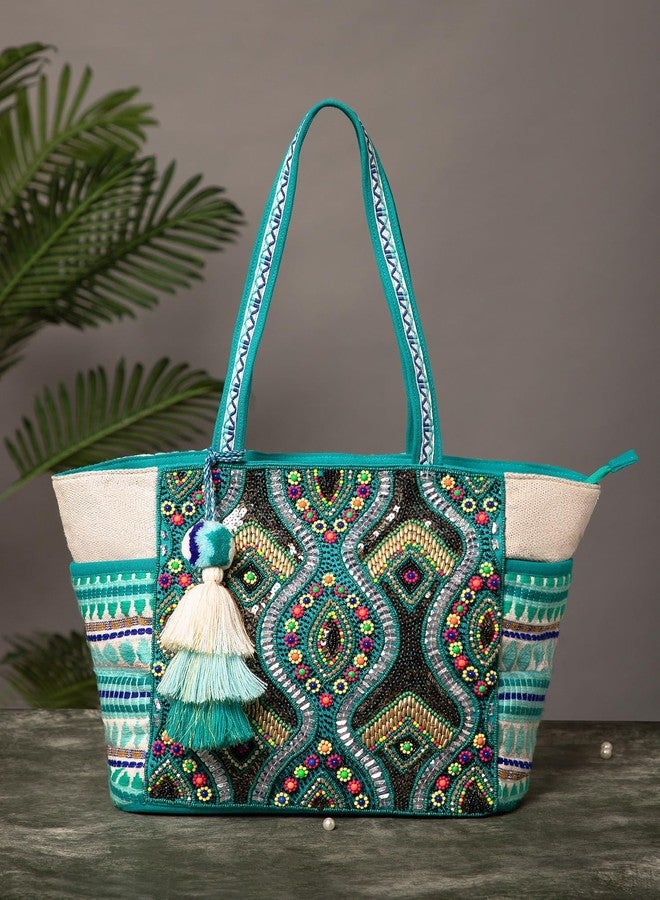 Anekaant BohoTeal & Multicolour Embroidered Tote with Tassel | Women’s Stylish Shoulder Handbag | Canvas Bag for Shopping & Travel - Image 2